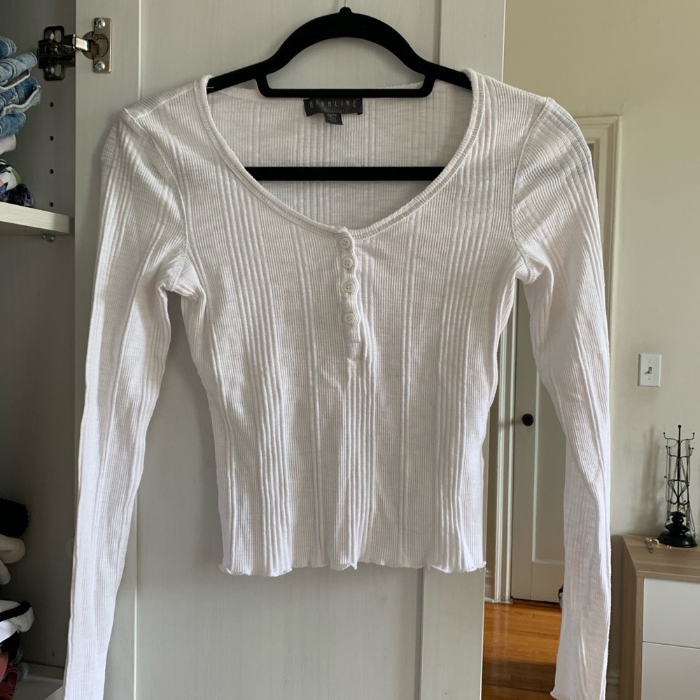 White Long Sleeve Button Detail Top